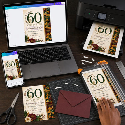 Burgundy and Green African 60th Birthday Invitation — invitation you personalize in Canva