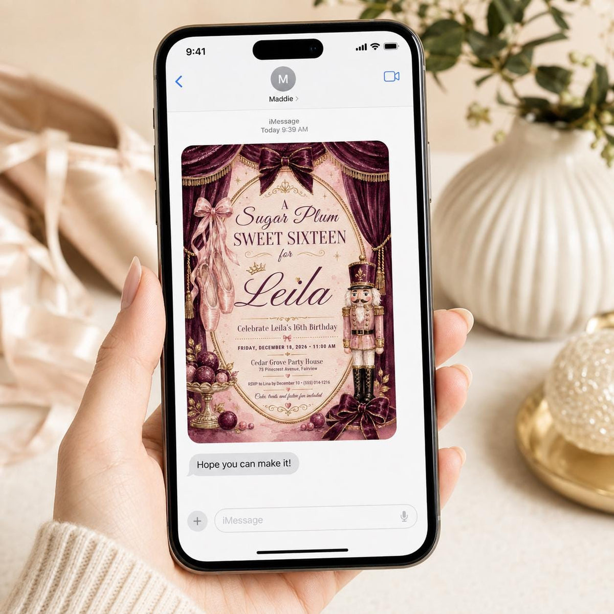 Burgundy and Pink Sweet 16 Birthday Invitation — ballet nutcracker design