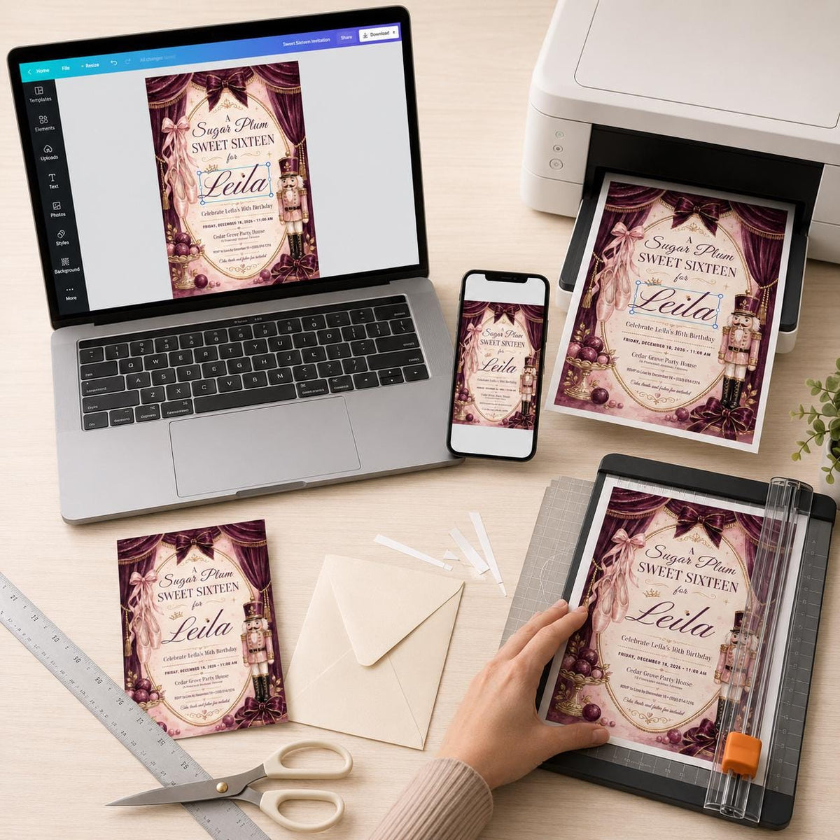 Burgundy and Pink Sweet 16 Birthday Invitation — print-ready sweet 16 design from VoltBy