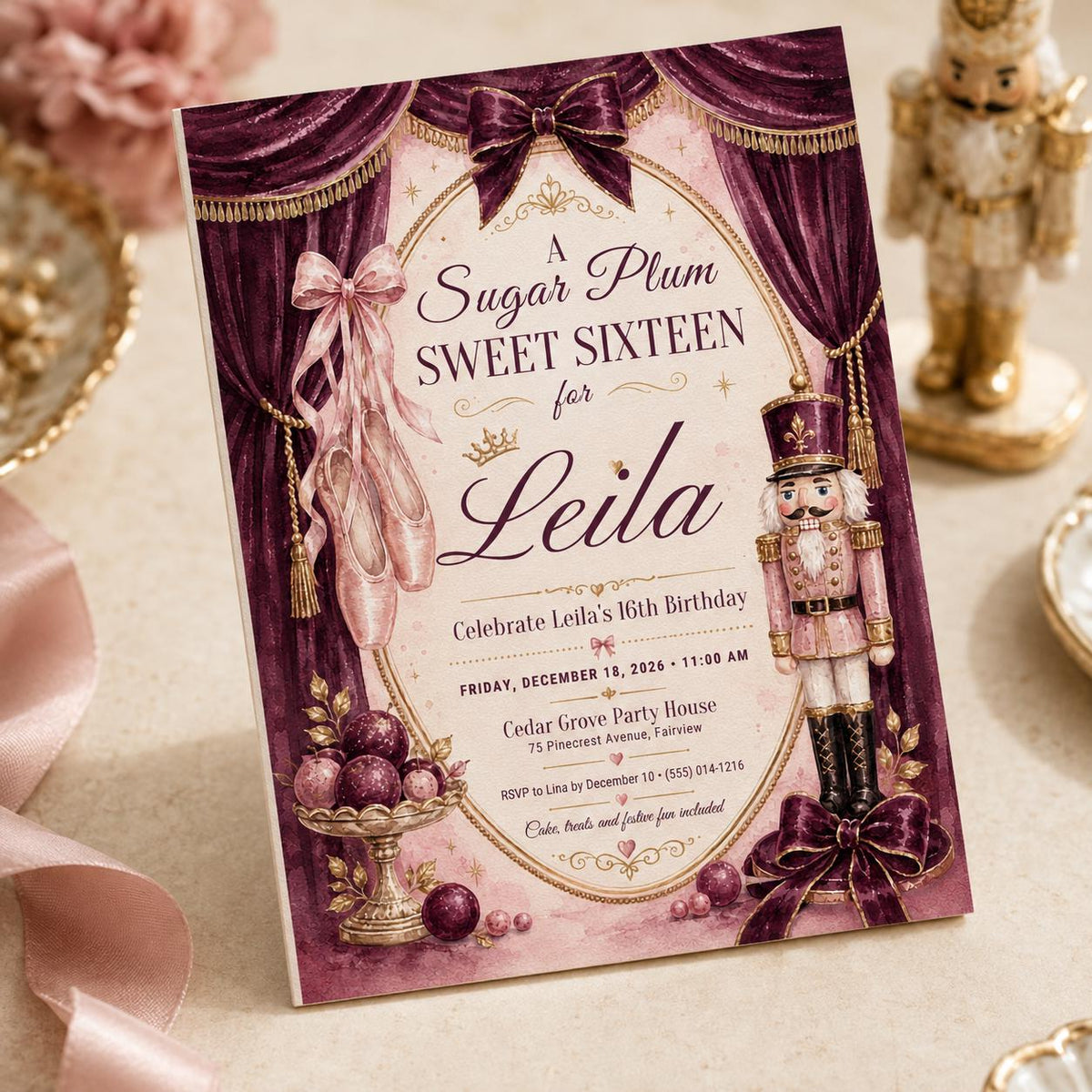 Burgundy and Pink Sweet 16 Birthday Invitation — digital invitation, instant download