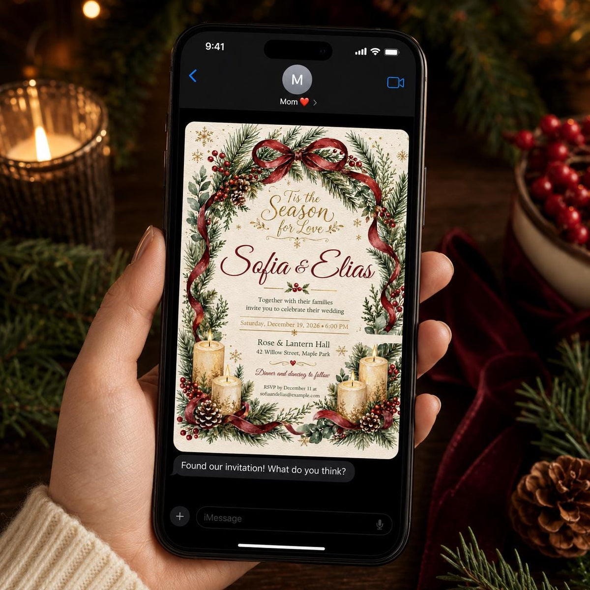 Burgundy and Red Christmas Wedding Invitation — greenery pine design