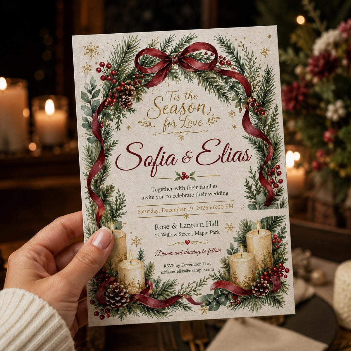 Burgundy and Red Christmas Wedding Invitation — invitation you personalize in Canva