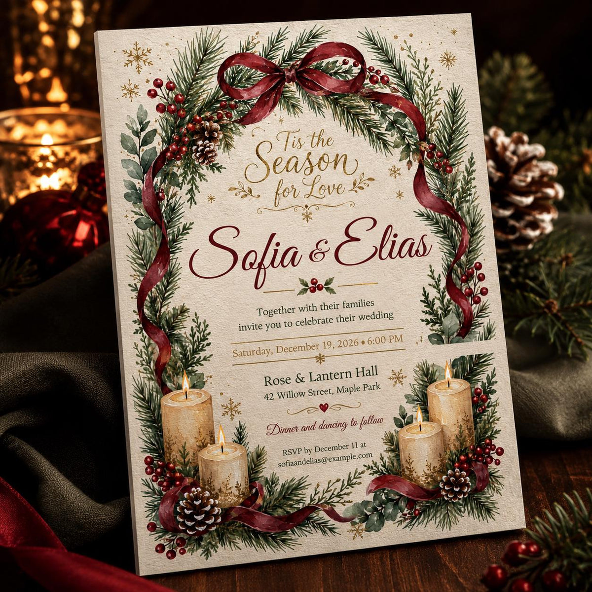 Burgundy and Red Christmas Wedding Invitation — print-ready wedding design from VoltBy