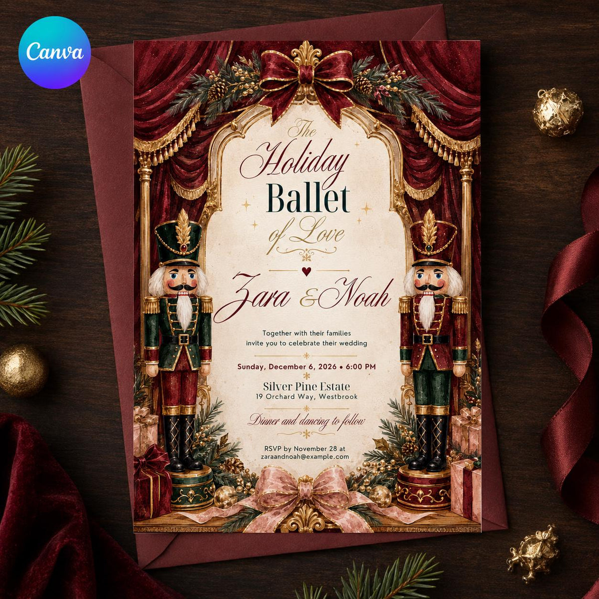 Burgundy and Red Nutcracker Wedding Invitation — editable Canva template
