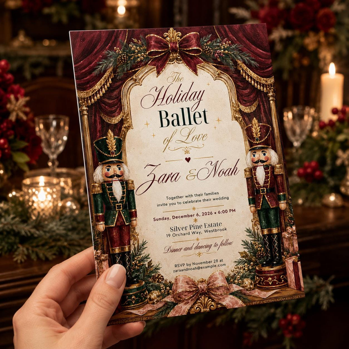 Burgundy and Red Nutcracker Wedding Invitation — ballet design