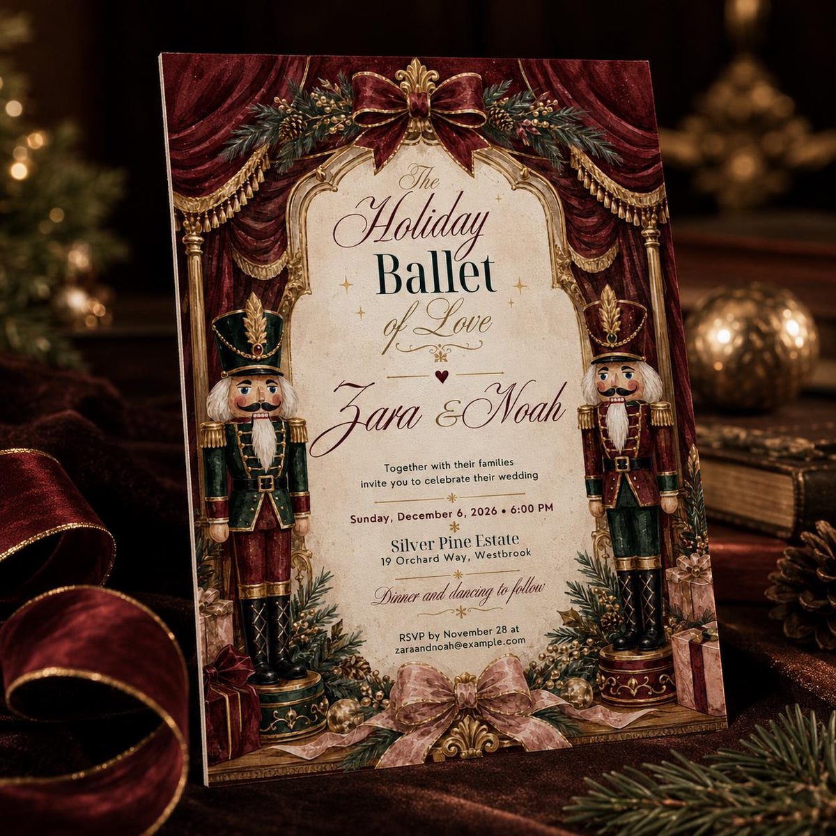 Burgundy and Red Nutcracker Wedding Invitation — elegant wedding design