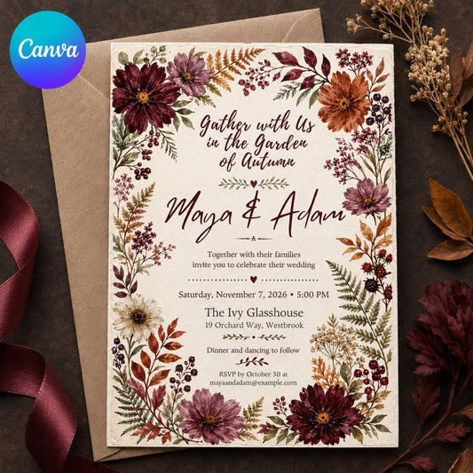 Burgundy Boho Autumn Floral Wedding Invitation — editable Canva template