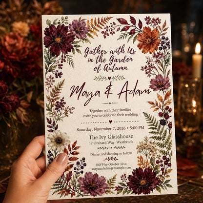 Burgundy Boho Autumn Floral Wedding Invitation — invitation you personalize in Canva