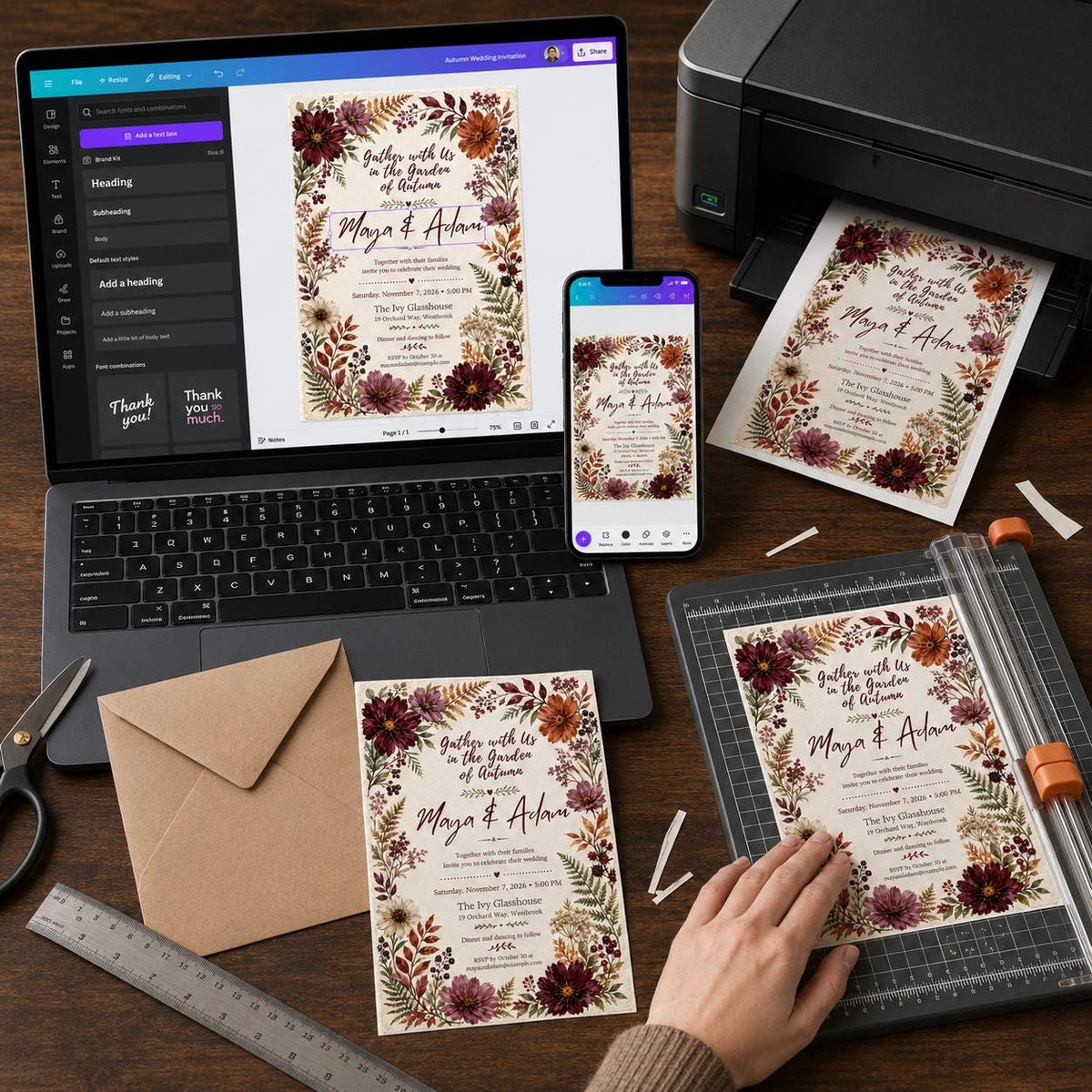 Burgundy Boho Autumn Floral Wedding Invitation — print-ready wedding design from VoltBy