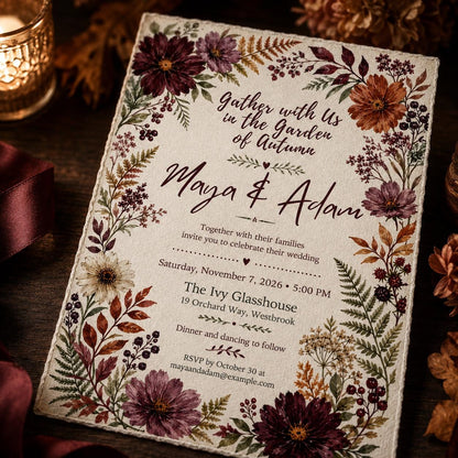 Burgundy Boho Autumn Floral Wedding Invitation — digital invitation, instant download