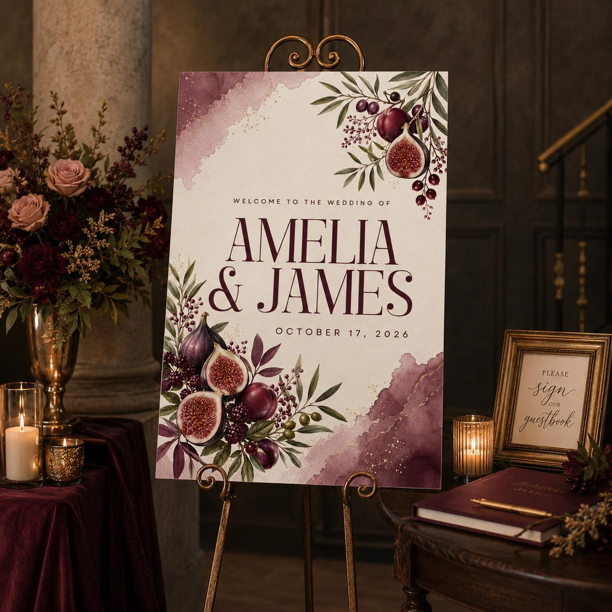 Burgundy Botanical Fig Wedding Welcome Sign — digital welcome sign, instant download