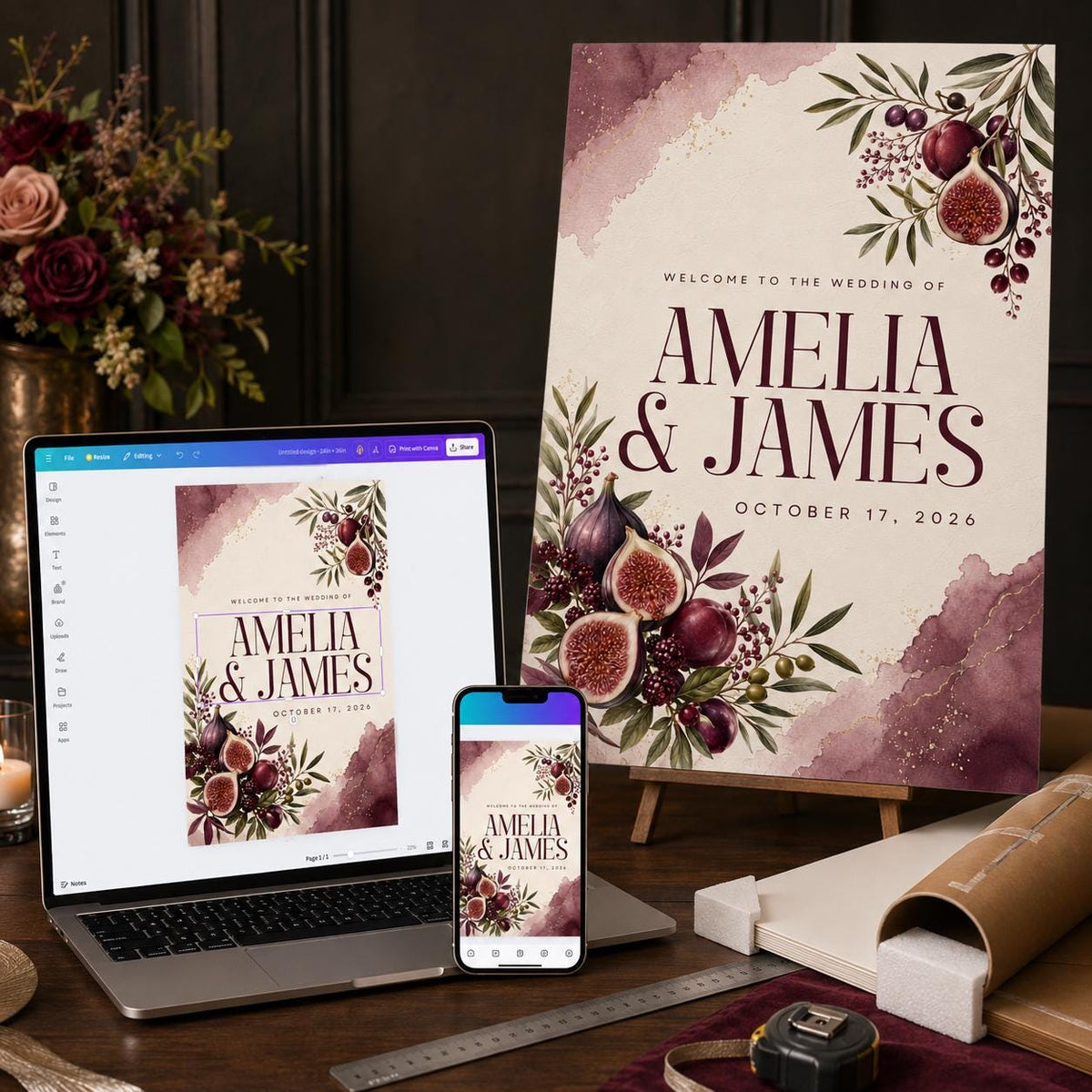 Burgundy Botanical Fig Wedding Welcome Sign — wedding stationery by VoltBy