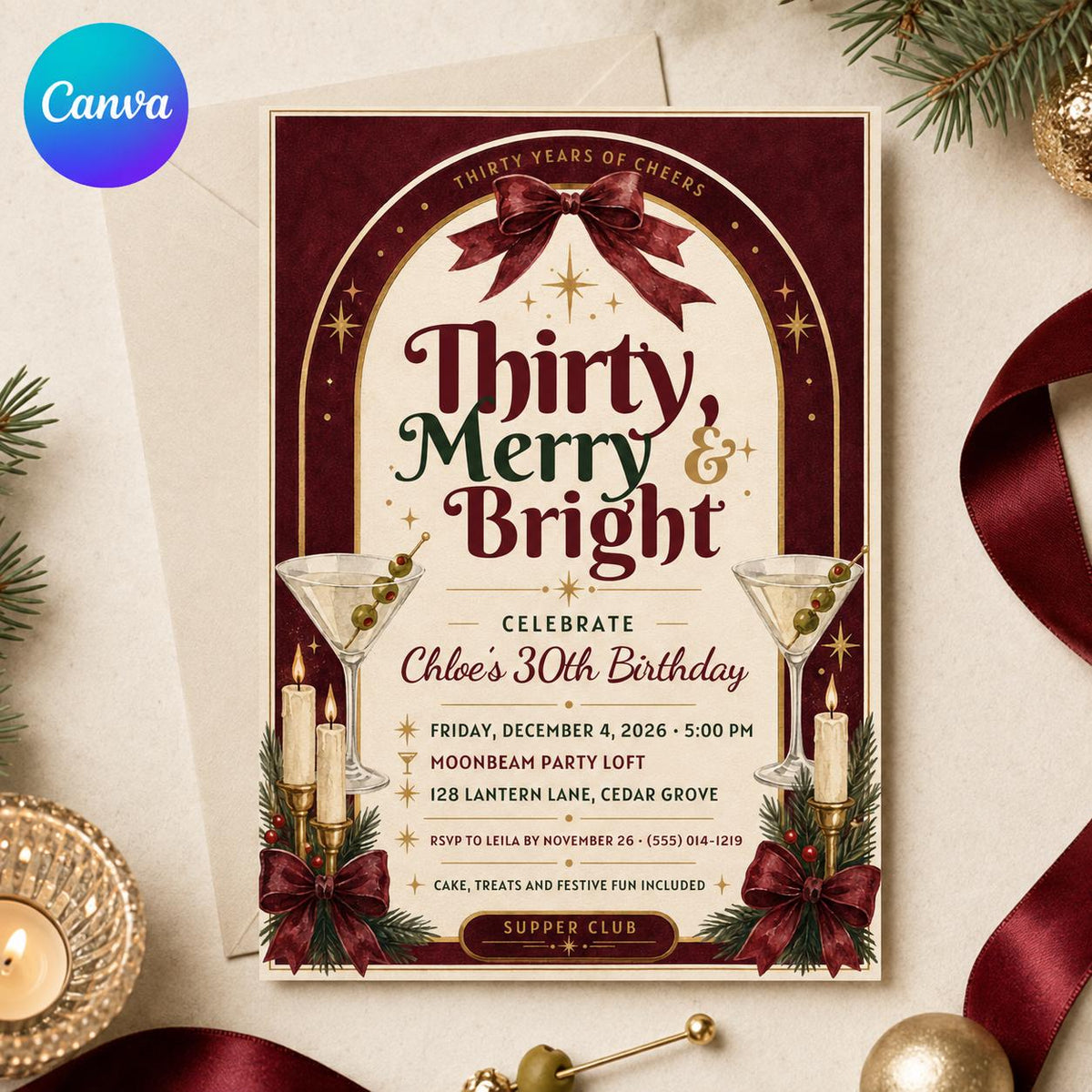 Burgundy Christmas 30th Birthday Invitation — editable Canva template