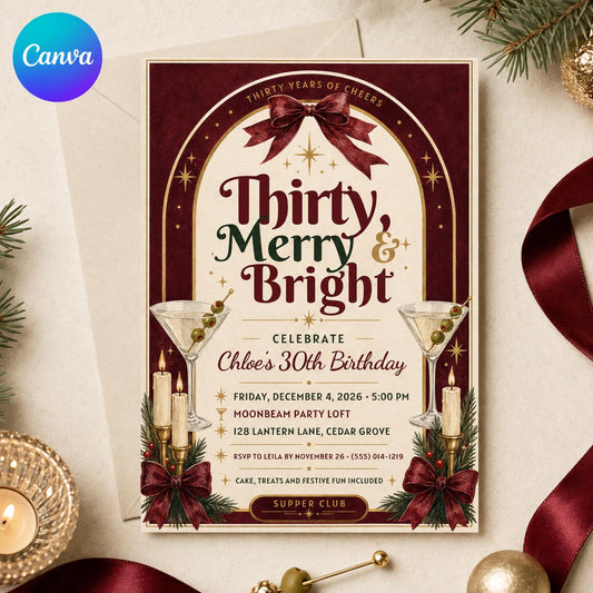 Burgundy Christmas 30th Birthday Invitation — editable Canva template
