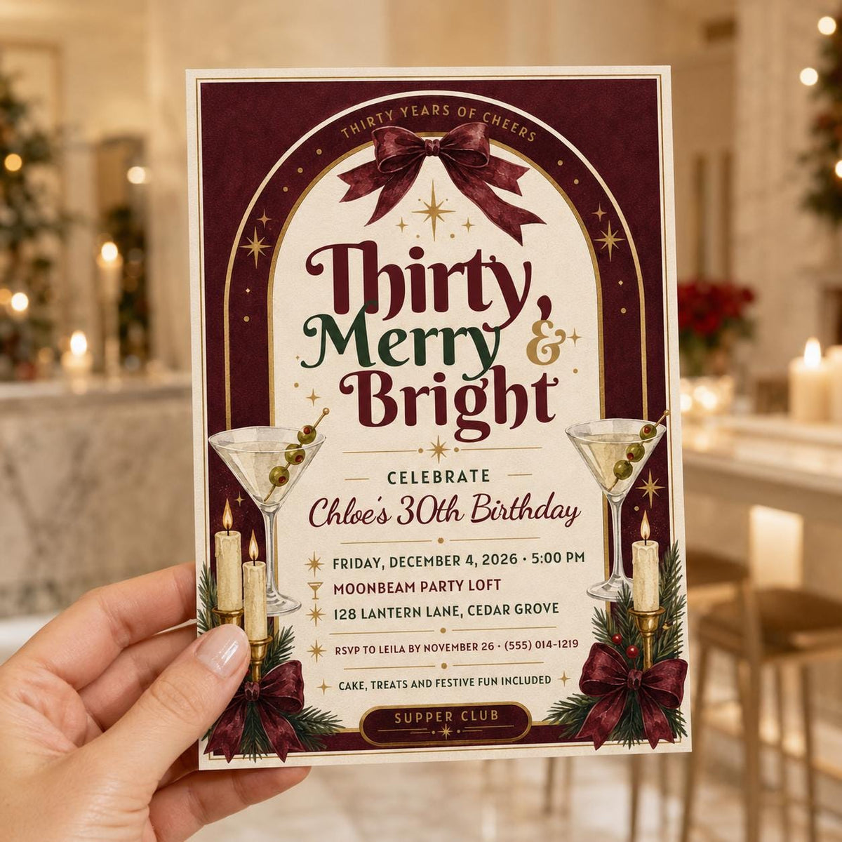 Burgundy Christmas 30th Birthday Invitation — invitation you personalize in Canva