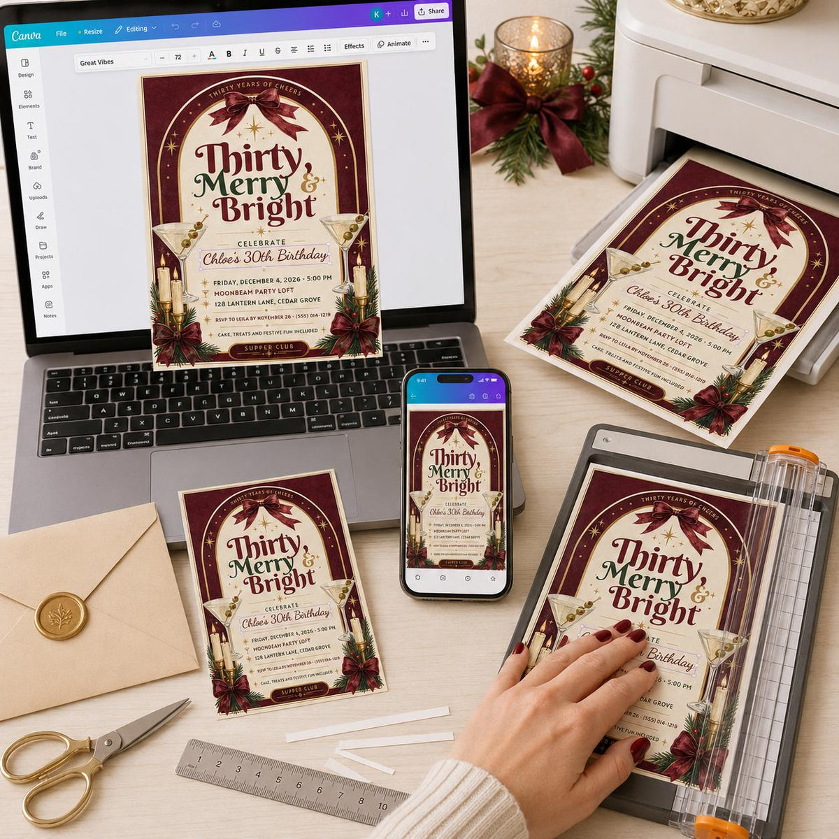 Burgundy Christmas 30th Birthday Invitation — print-ready 30th birthday party design from VoltBy
