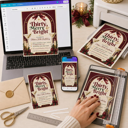 Burgundy Christmas 30th Birthday Invitation — print-ready 30th birthday party design from VoltBy