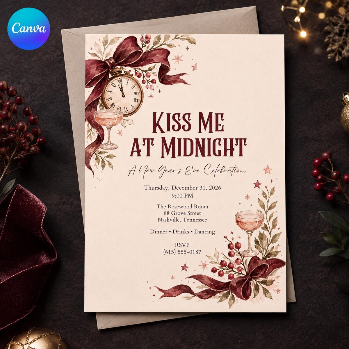 Burgundy Coquette New Years Eve Invitation — editable Canva template