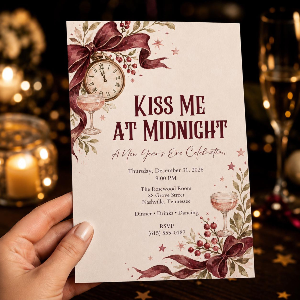 Burgundy Coquette New Years Eve Invitation — print-ready New Year party design from VoltBy