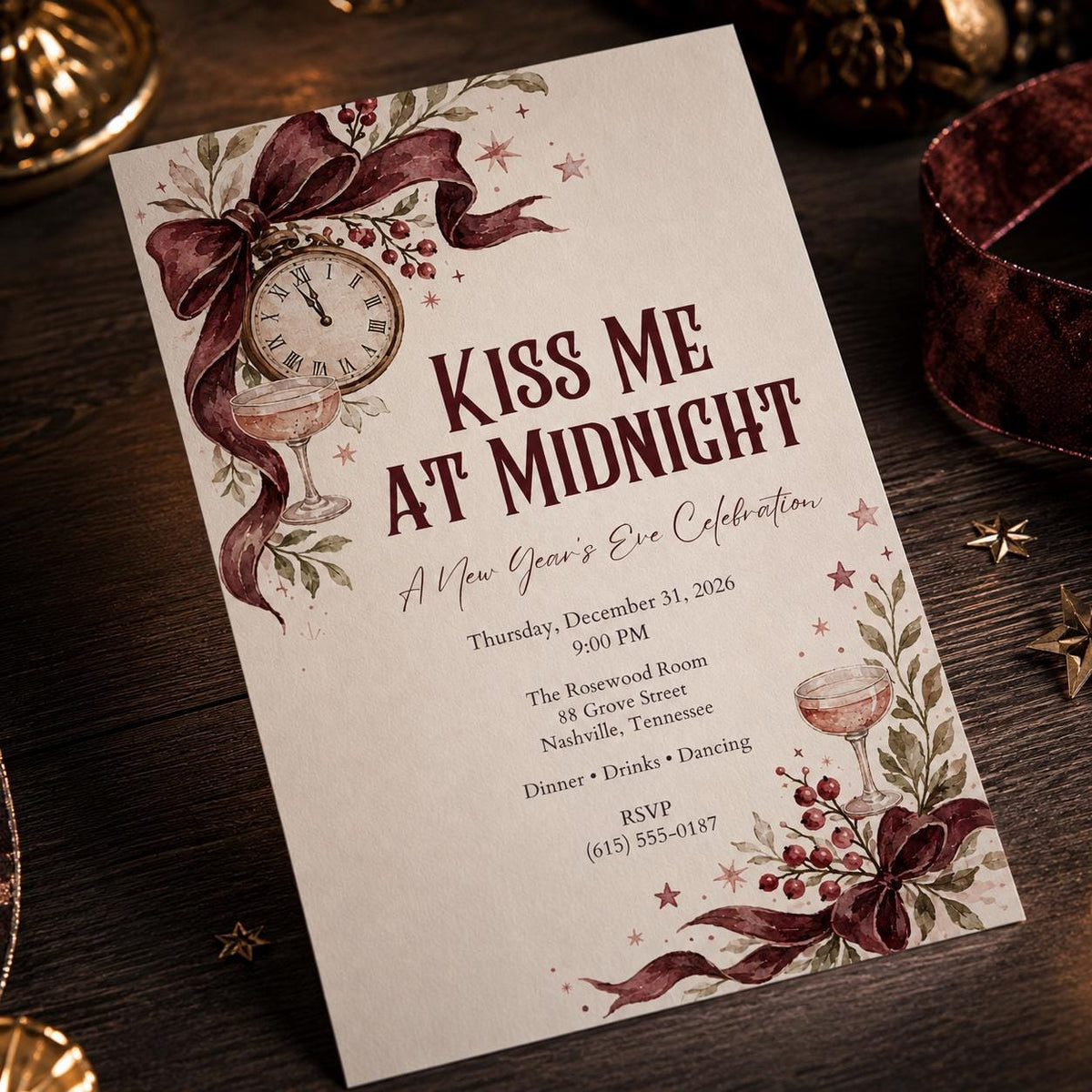 Burgundy Coquette New Years Eve Invitation — New Year party stationery by VoltBy
