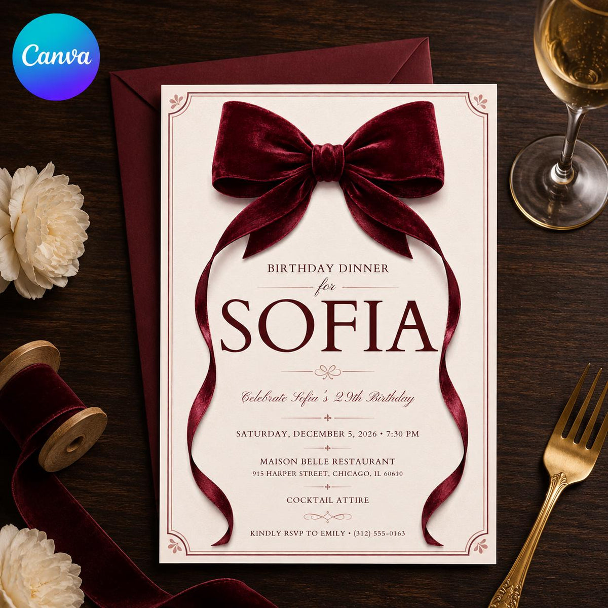 Burgundy Elegant Birthday Dinner Invitation — editable Canva template