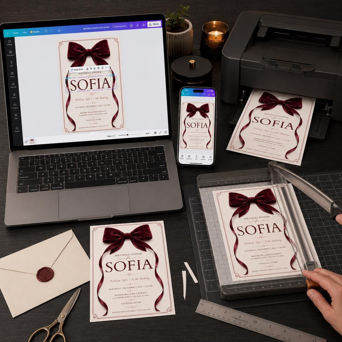 Burgundy Elegant Birthday Dinner Invitation — invitation you personalize in Canva