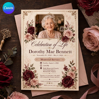 Burgundy Elegant Celebration of Life Invitation — editable Canva template