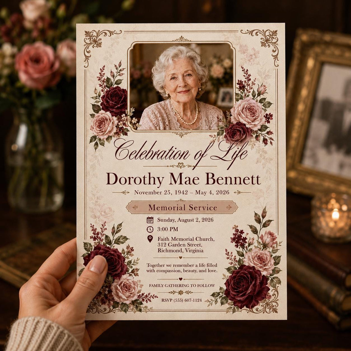 Burgundy Elegant Celebration of Life Invitation — rose design