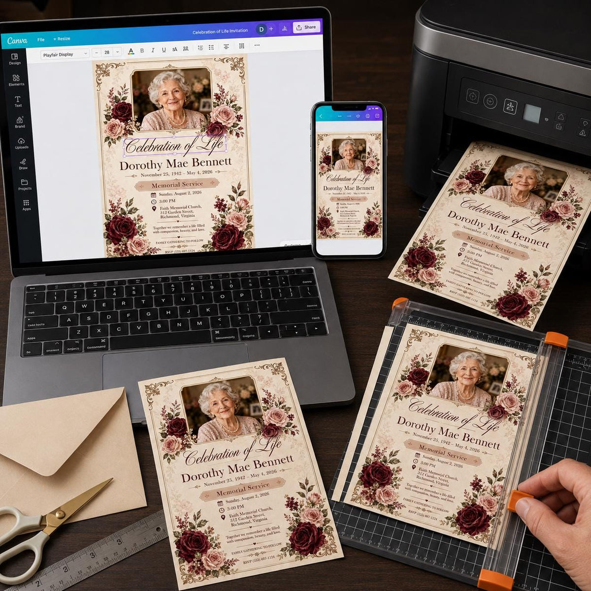 Burgundy Elegant Celebration of Life Invitation — invitation you personalize in Canva