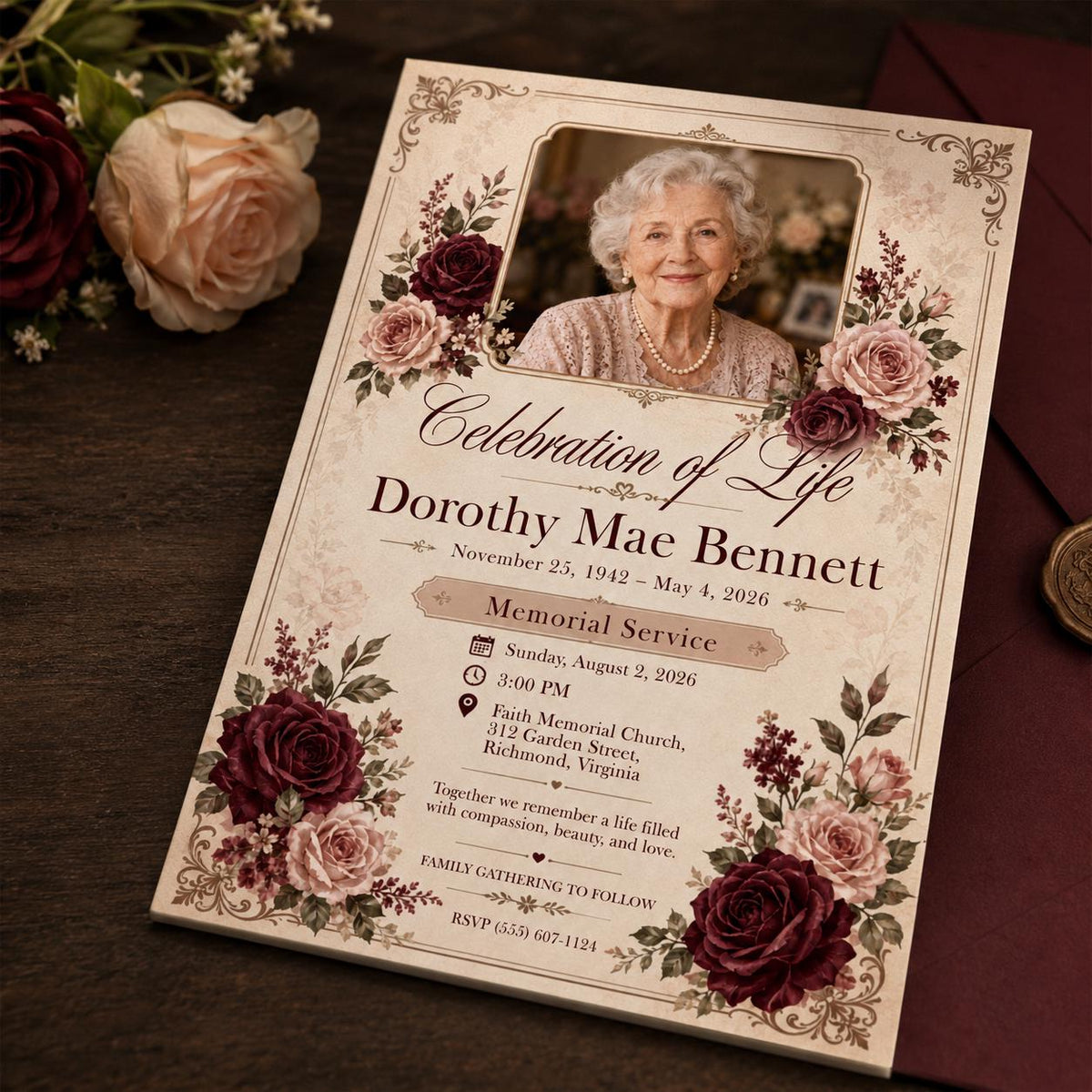 Burgundy Elegant Celebration of Life Invitation — print-ready celebration of life design from VoltBy