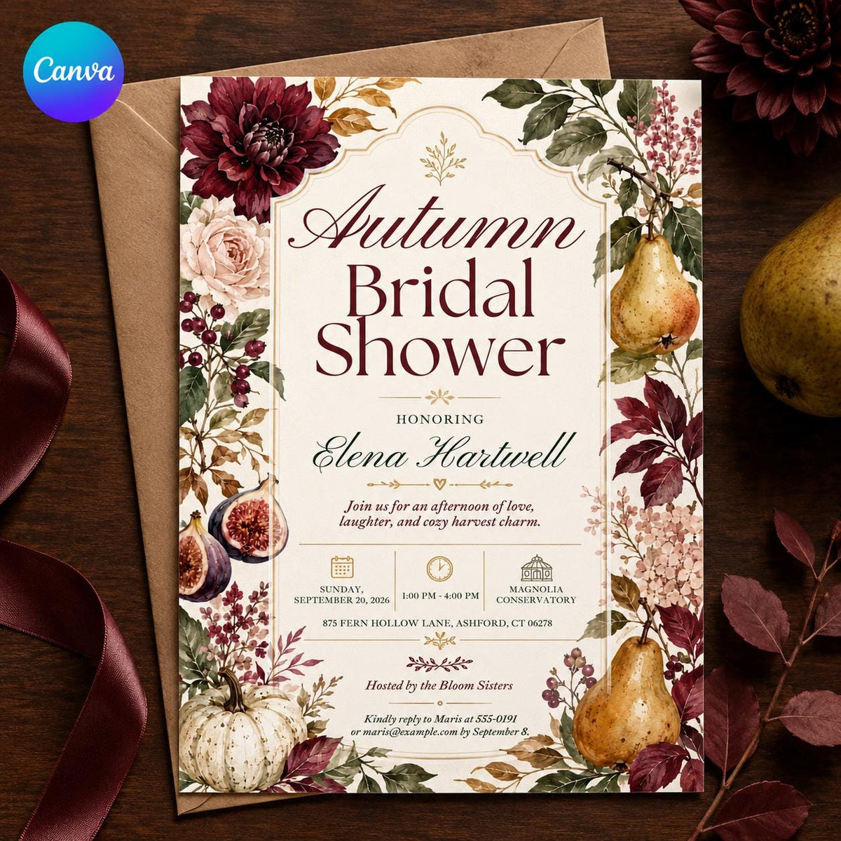 Burgundy Elegant Fall Bridal Shower Invitation — editable Canva template