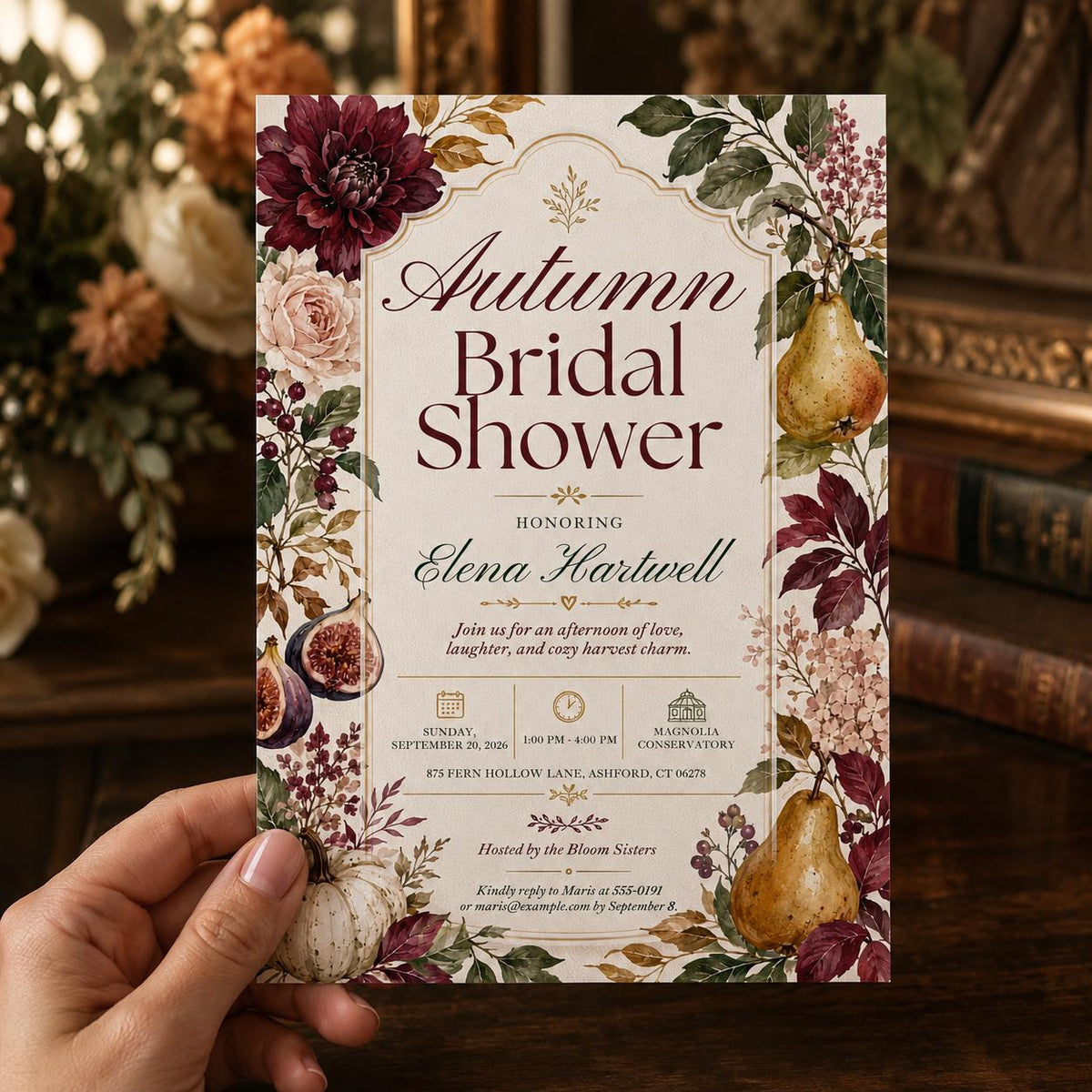 Burgundy Elegant Fall Bridal Shower Invitation — floral and pear design