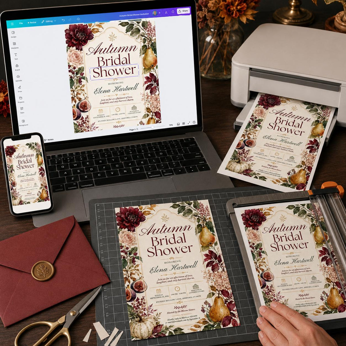 Burgundy Elegant Fall Bridal Shower Invitation — invitation you personalize in Canva