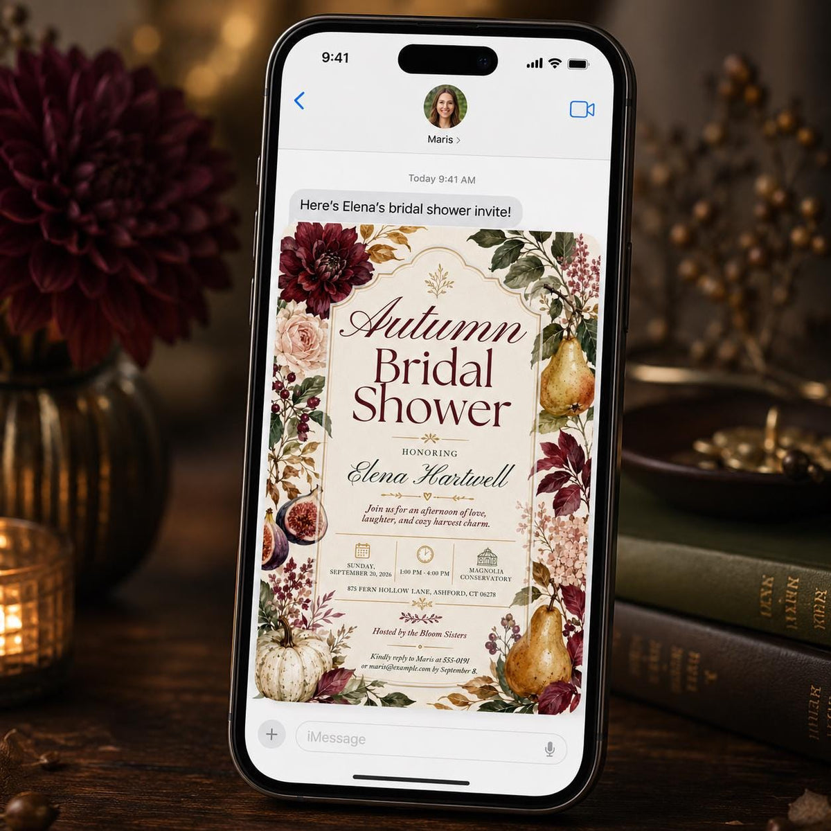 Burgundy Elegant Fall Bridal Shower Invitation — digital invitation, instant download