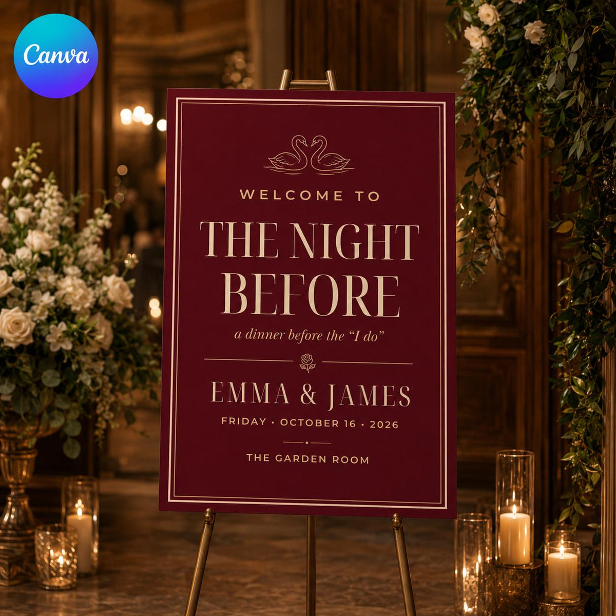 Burgundy Elegant Rehearsal Dinner Welcome Sign — editable Canva template