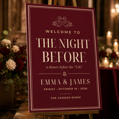 Burgundy Elegant Rehearsal Dinner Welcome Sign — welcome sign you personalize in Canva