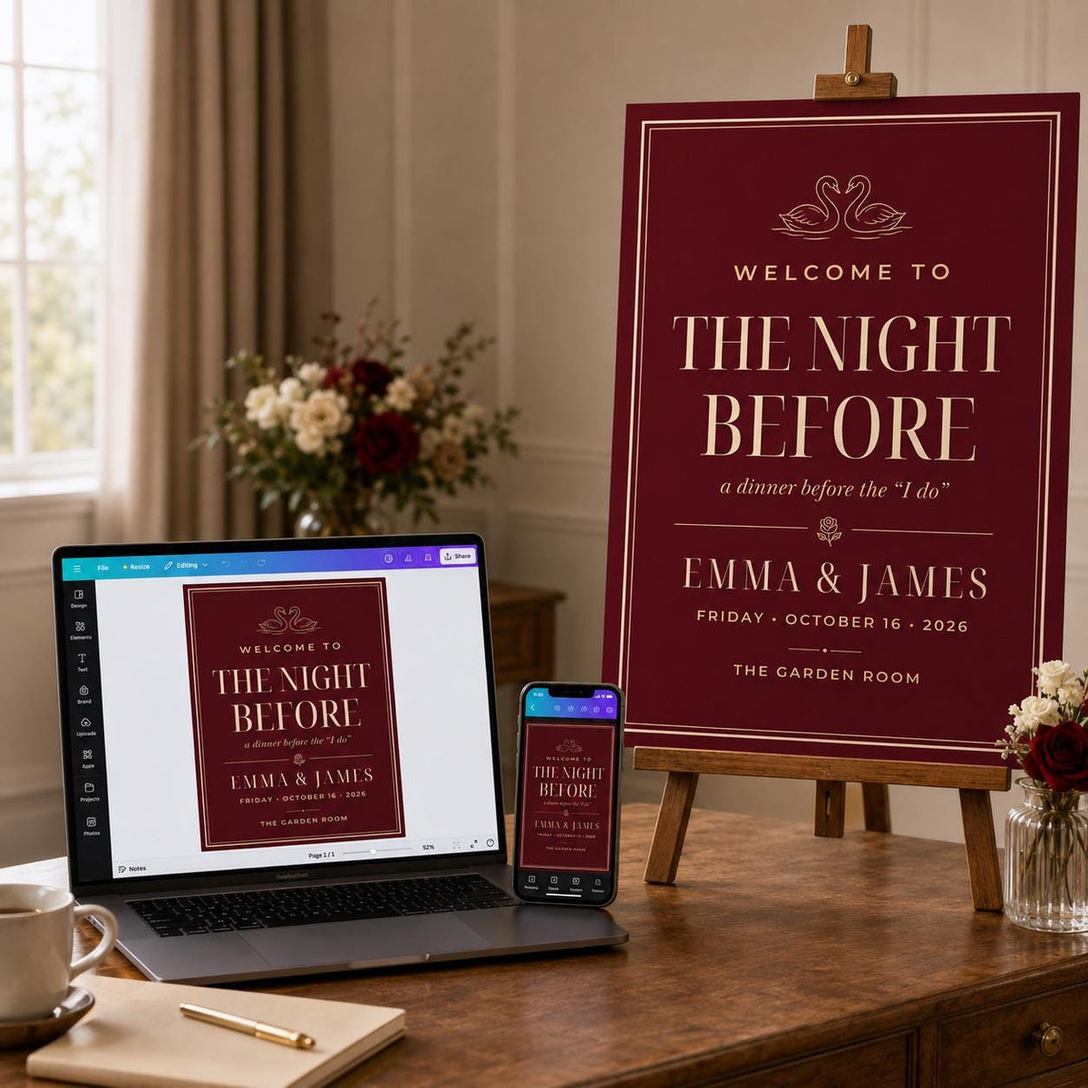 Burgundy Elegant Rehearsal Dinner Welcome Sign — digital welcome sign, instant download