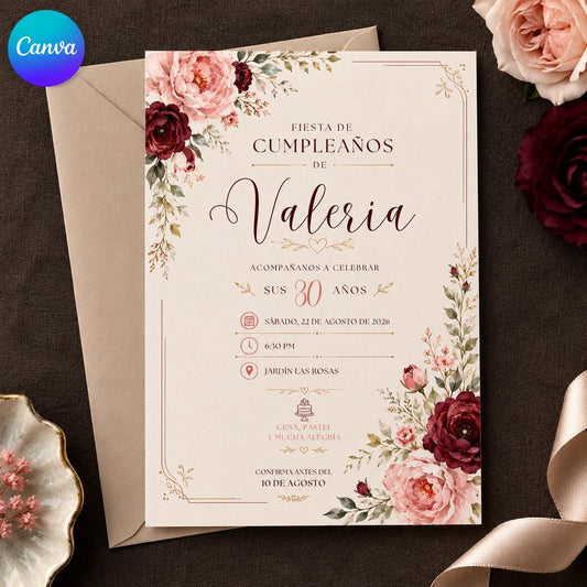 Burgundy Elegant Spanish 30th Birthday Invitation — editable Canva template
