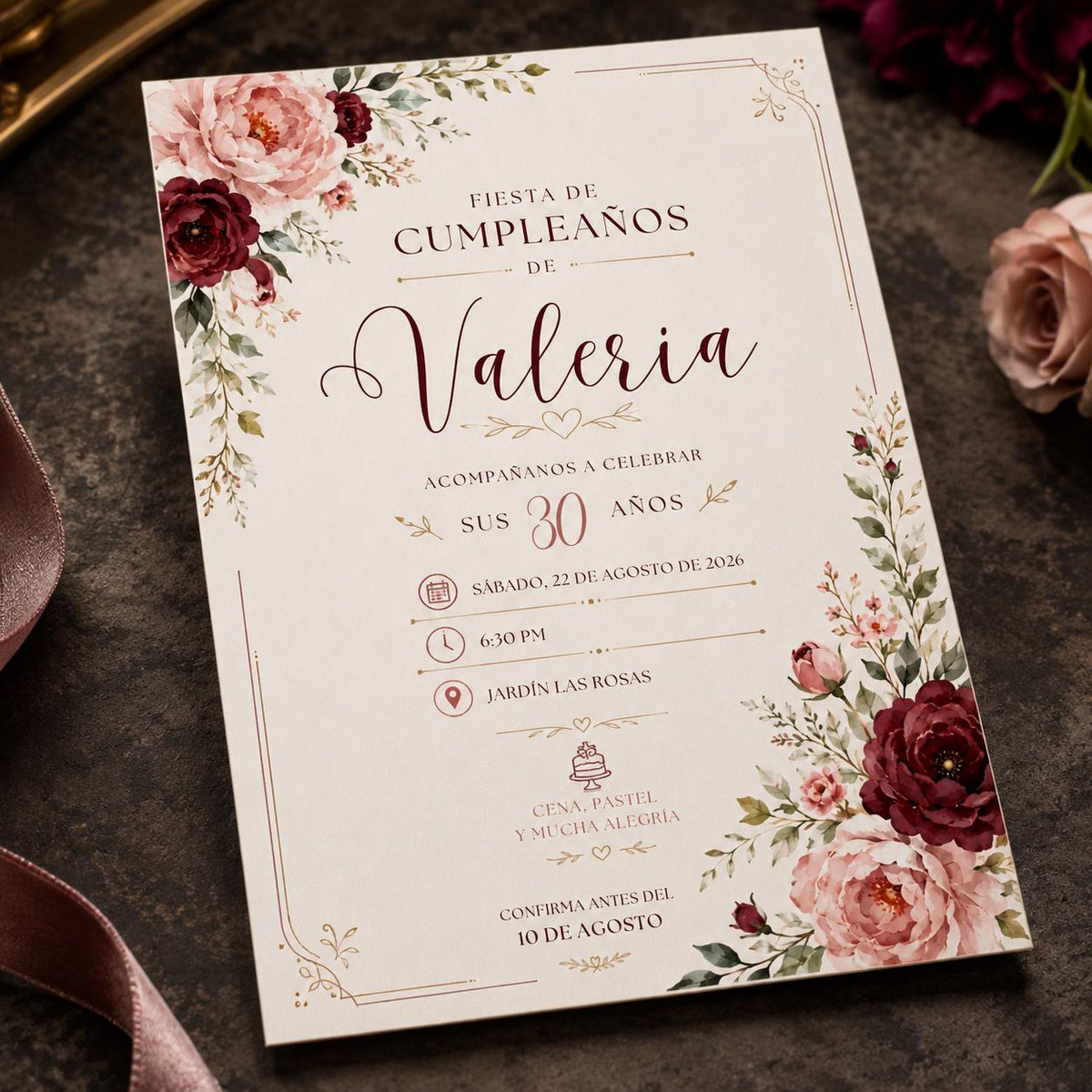 Burgundy Elegant Spanish 30th Birthday Invitation — fiesta and floral design