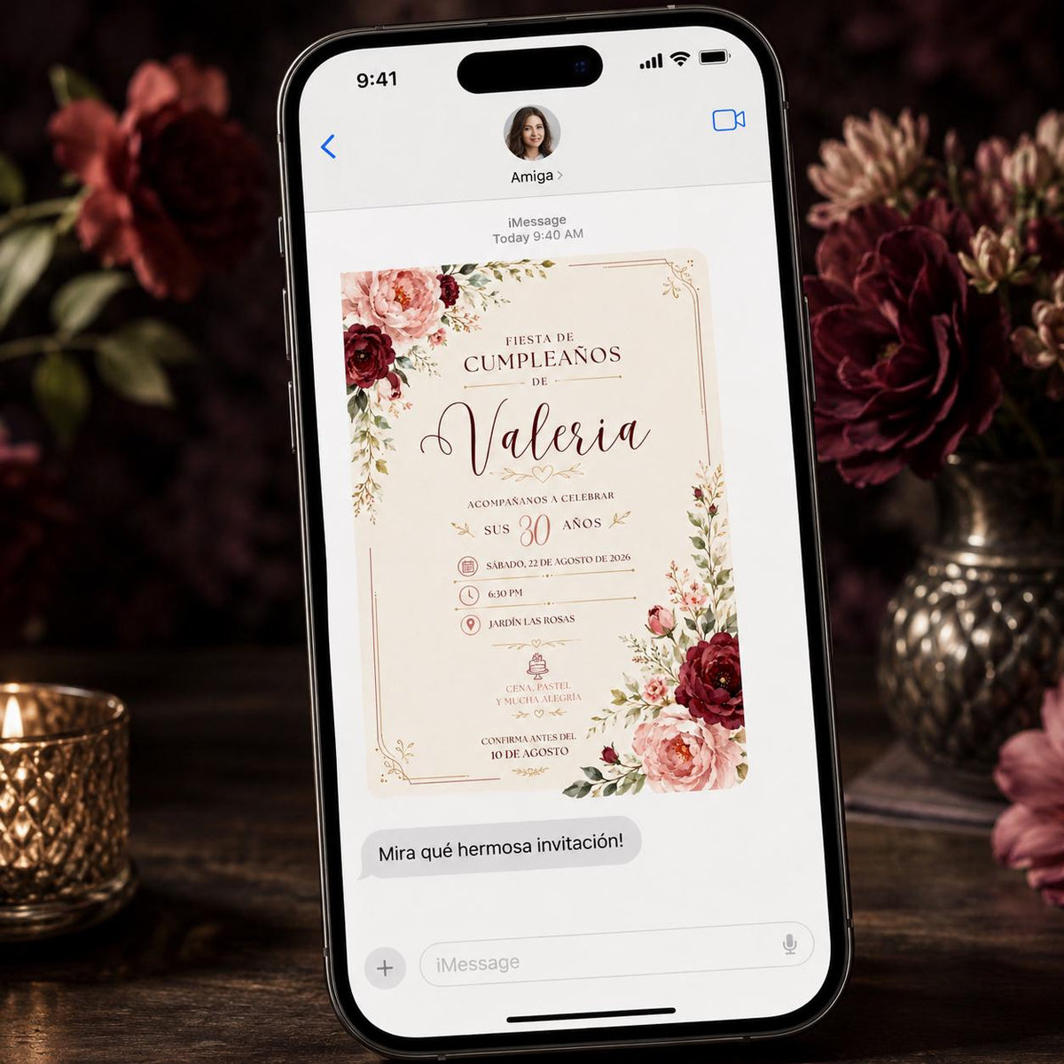 Burgundy Elegant Spanish 30th Birthday Invitation — print-ready 30th birthday party design from VoltBy
