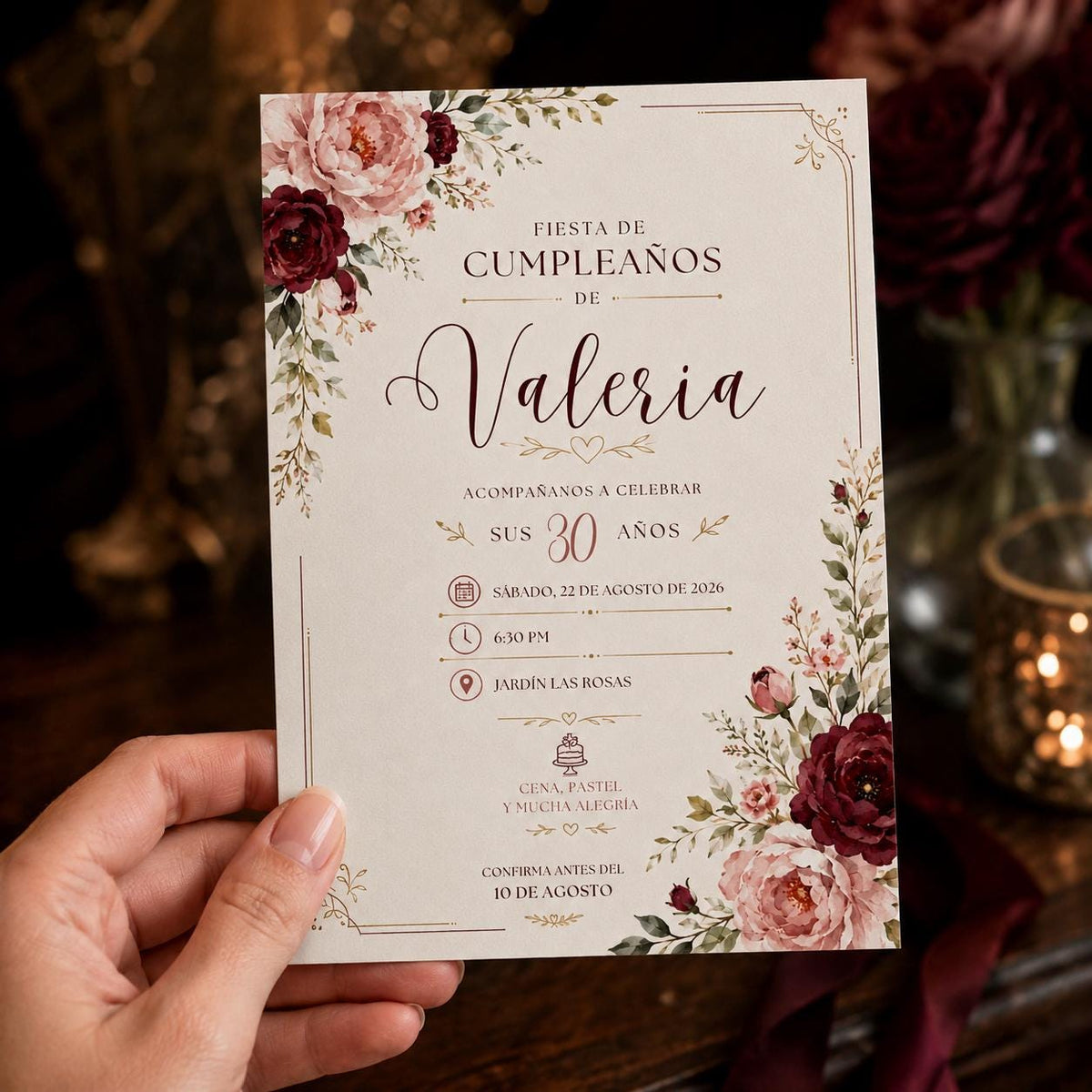 Burgundy Elegant Spanish 30th Birthday Invitation — digital invitation, instant download