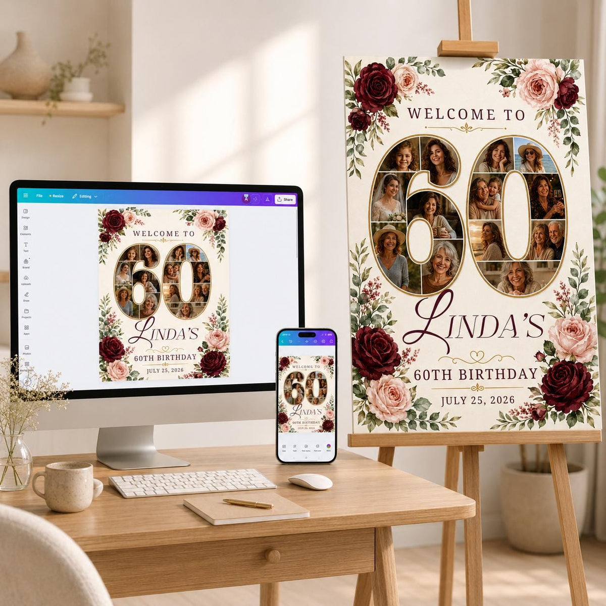 Burgundy Floral 60th Birthday Welcome Sign — welcome sign you personalize in Canva