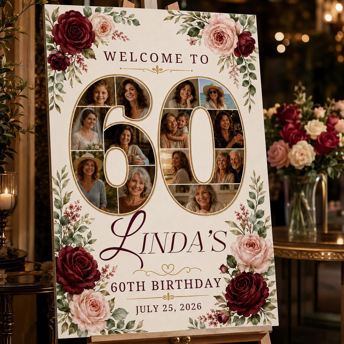 Burgundy Floral 60th Birthday Welcome Sign — print-ready 60th birthday party design from VoltBy