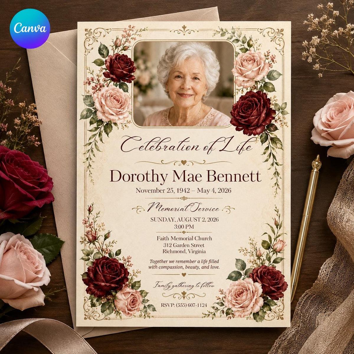 Burgundy Floral Celebration of Life Invitation — editable Canva template