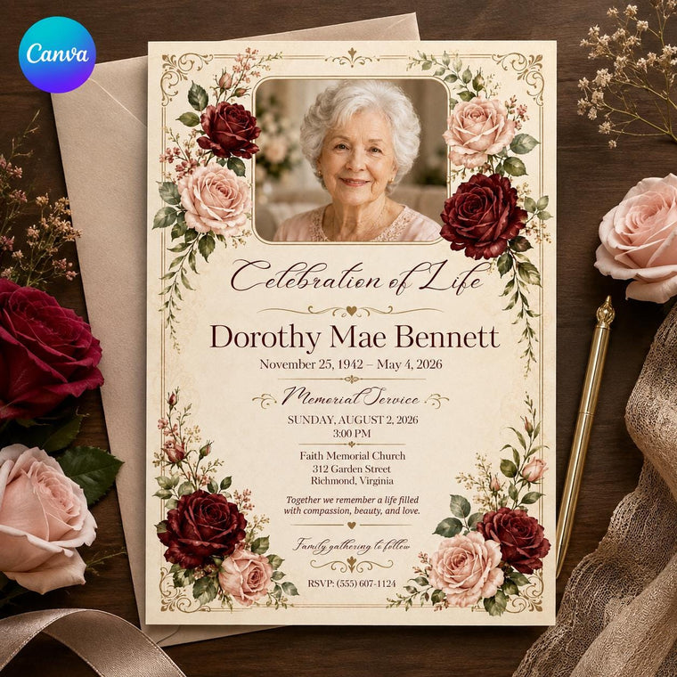 Burgundy Floral Celebration of Life Invitation