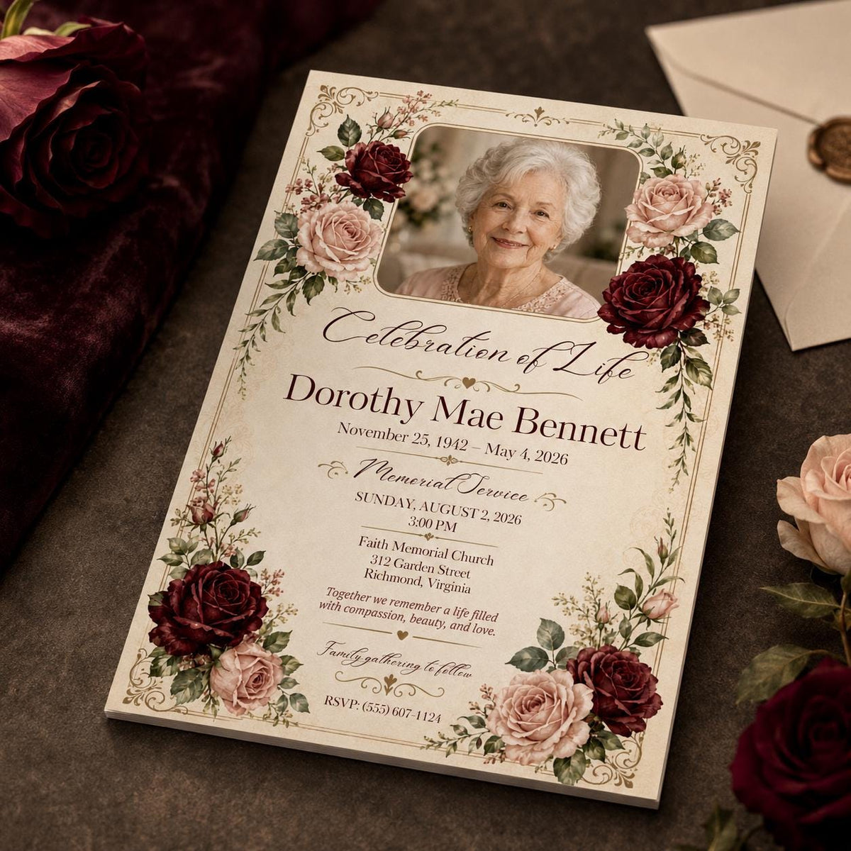 Burgundy Floral Celebration of Life Invitation — rose design