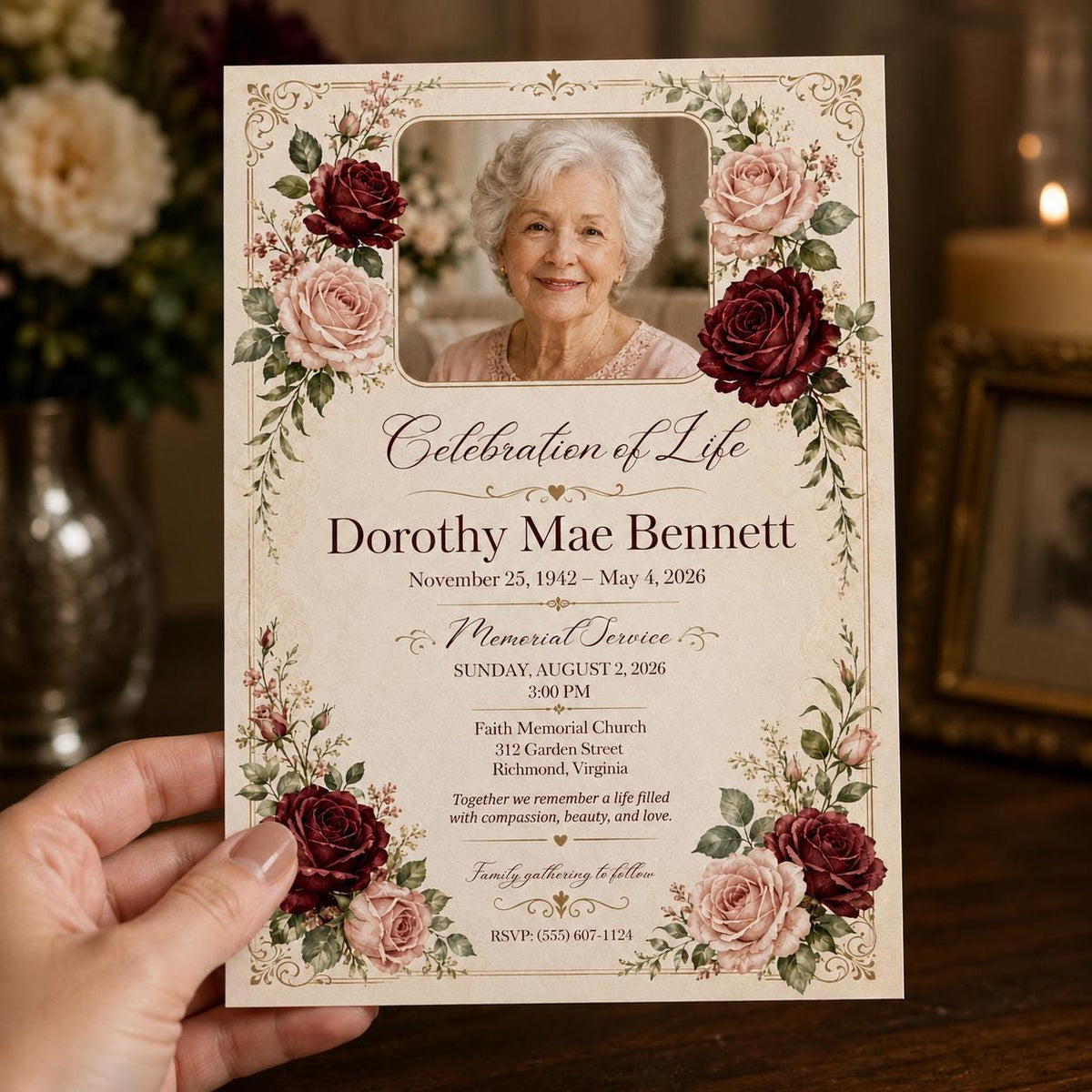 Burgundy Floral Celebration of Life Invitation — invitation you personalize in Canva