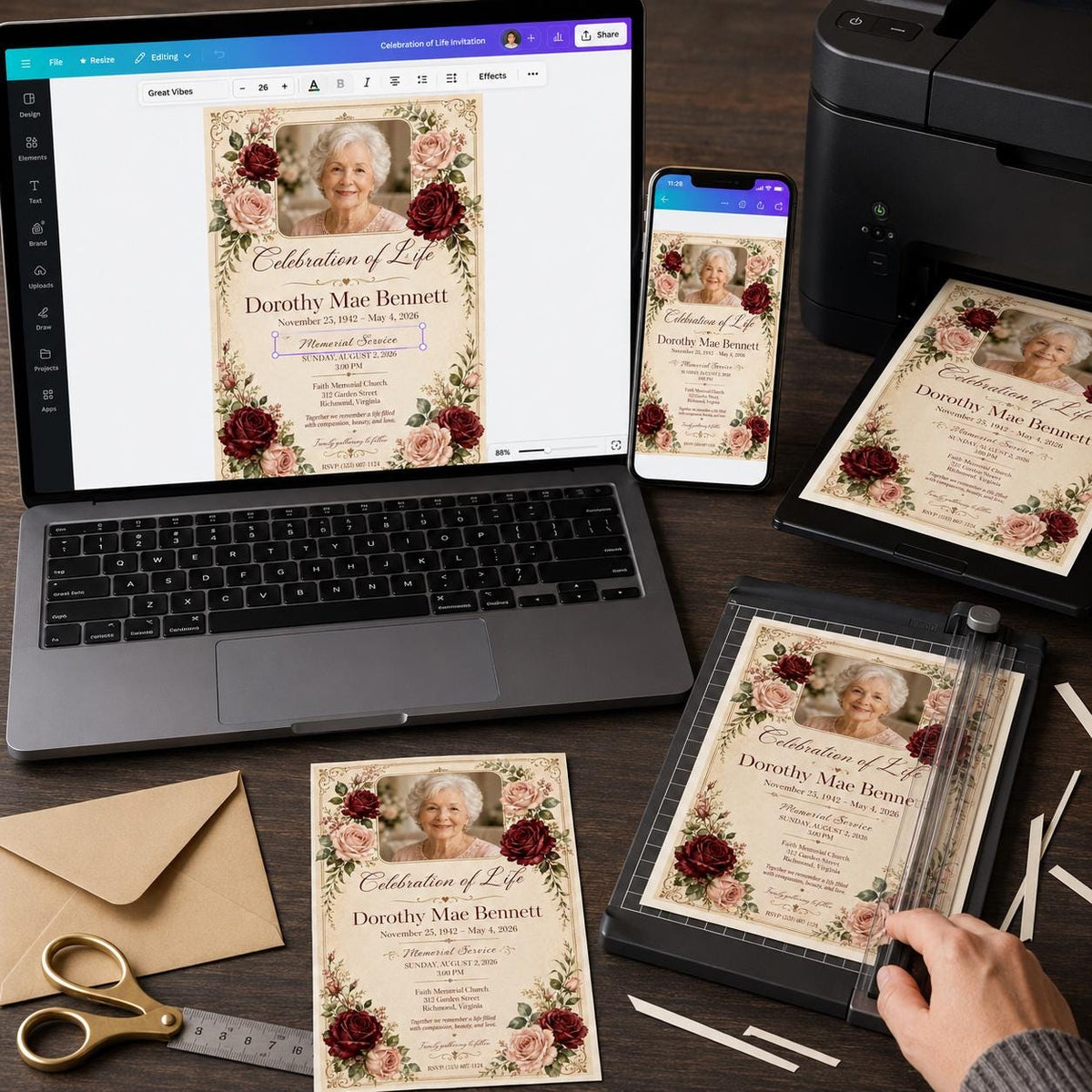 Burgundy Floral Celebration of Life Invitation — print-ready celebration of life design from VoltBy