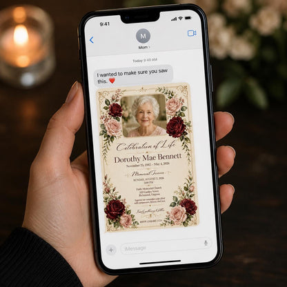 Burgundy Floral Celebration of Life Invitation — digital invitation, instant download