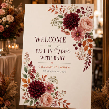 Burgundy Floral Fall Baby Shower Welcome Sign — print-ready baby shower design from VoltBy